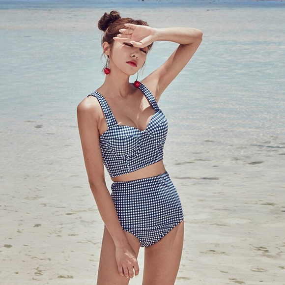 NEW Blue/White Gingham Push-Up High Waist Two Piece Bikini - Picture 3 of 7